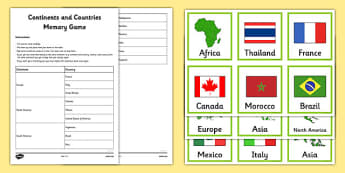 Continents and Countries Memory Game - continents, memory, pairs, game, countries
