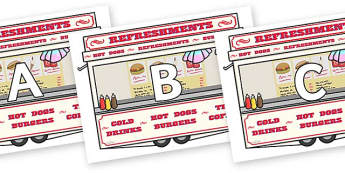 A-Z Alphabet on Fairground Food Vans - A-Z, A4, display, Alphabet frieze, Display letters, Letter posters, A-Z letters, Alphabet flashcards