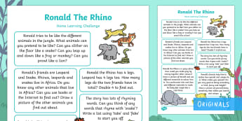 EYFS Ronald the Rhino Home Learning Challenges Reception FS2 - Ronald the Rhino, Twinkl story book, animals, jungle, endangered, africa, homework, home learning, p