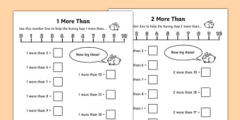 1 More and 2 More Activity Sheet - maths, One more, numbers to 20, worksheet, 1-20