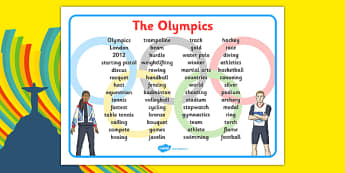 The Olympics Word Mat - Olympics, Olympic Games, sports, Olympic, London, 2012, word mat, writing aid, mat, Olympic torch, flag, countries, medal, Olympic Rings, mascots, flame, compete, tennis, athlete, swimming, race, 
