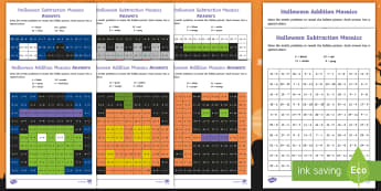 KS1 Halloween Addition and Subtraction Mosaic Activity Pack - 31st October, maths, solve, number bonds, questions