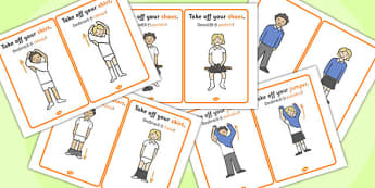 PE Changing Clothes Cards Romanian Translation - romanian, cards