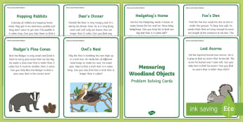 Measuring Woodland Objects Problem Solving Question Cards - Maths, Shape, Space And Measure, Problem Solving, Measuring, Comparing, Comparison, Size, Height, Le