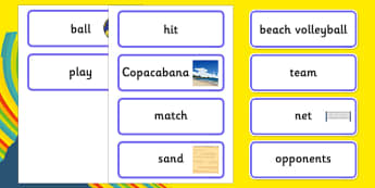 The Olympics Beach Volleyball Word Cards - Beach Volleyball, Olympics, Olympic Games, sports, Olympic, London, 2012, word card, flashcards, cards, activity, Olympic torch, events, flag, countries, medal, Olympic Rings, mascots, flame, compete