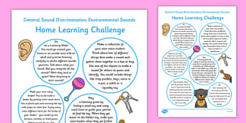 General Sound Discrimination Environmental Sounds Home Learning Challenge Sheet FS2 - EYFS planning, Early years activities, homework activities, phonics, Letters and Sounds, Aspect 1, Phase 1, listening skills