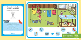 Clothes in the Garden Can You Find...? Poster and Prompt Card Pack - clothing, socks, washing line, wear, jeans