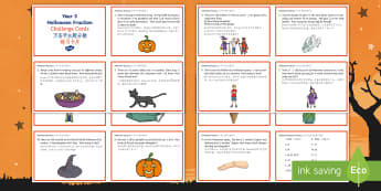 Year 5 Halloween Fractions Maths Challenge Cards English/Mandarin Chinese - Priority Fractions, fractions, year 5, Y5,  fractions of amounts, challenge, maths, numeracy, number