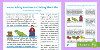 EYFS Maths: Solving Problems and Talking About Size Home Learning Challenges - EYFS, Shape Space and Measure, ELG , mathematics, early years, EYFS planning, adult led, teaching, a