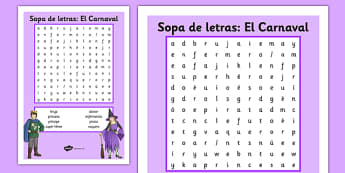 Sopa de letras: El Carnaval Spanish - spanish, carnival, carnaval, festivities, fiestas, spanish, spain, culture, costumes, disfraces, sopa de letras, word search