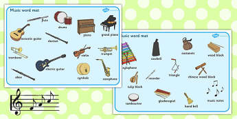 Music Word Mat - Word mat, Music, instrument, writing aid, playing instruments, piano, drums, guitar, recorder, violin, triangle, cymbals, notes, music
