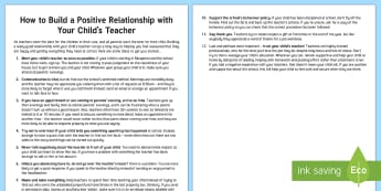 Building a Positive Relationship with Your Child's Teacher Parent and Carer Information Sheet - wellbeing, health, fitness, parents, carers, bullying, support, emotional health, mental health, rel