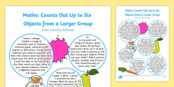 EYFS Maths: Counts Out Up to Six Objects from a Larger Group Home Learning Challenge Sheet