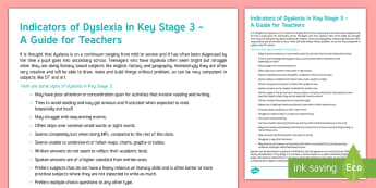 Indicators of Dyslexia in Key Stage 3 Adult Guidance - Dyslexia, SpLd, Dyslexia Awareness Week, Indicators, signs