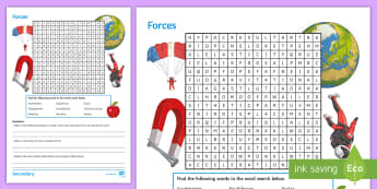 Forces Word Search - Acceleration, terminal velocity, displacement, equilibrium, vectors