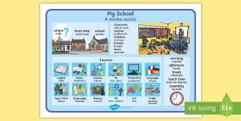 My School Word Mat English/Portuguese - EAL, classroom, class, vocabulary, objects, routine, timetable