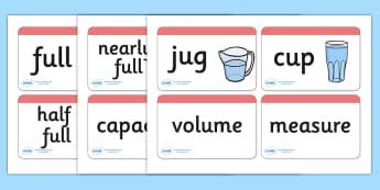 Capacity Word Cards - Word card, cards, capacity, volume, litre, full, empy, half full, measure, jug, cup, water, display, numeracy, measurement, capacity, flash cards