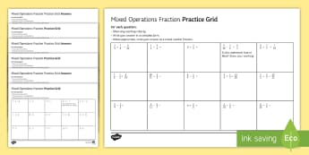 Fractions Practice Grids (All Four Operations) Differentiated Activity Sheets - Addition Add Subtraction Subtract Multiplication Multiply Division Divide Numerator Denominator Impr