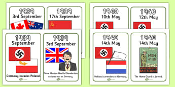 World War Two Timeline Cards - World War Two, WW2, timeline, cards, flashcards, card, history, war, world war, Nazi Germany, battle, soldiers, 1939, 1945, Pearl Harbour, Hitler 