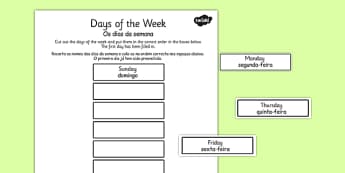 Os dias da semana Cut and Stick Worksheet Portuguese Translation - portuguese, days, week, cut, stick