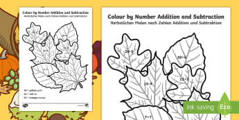 Autumn Colour by Number Addition and Subtraction Up to 20 Sheet English/German  - EAL, German, Autumn Colour by Number Addition and Subtraction Up to 20 - 20, autumn, addition, subtr