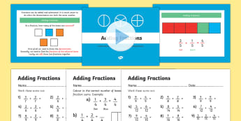 Adding Fractions PowerPoint and Worksheets - year 3, year three, fractions, powerpoint, fractions powerpoint, worksheets, fractions worksheets, math