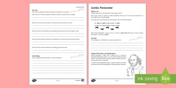 Iambic Pentameter Activity Sheet - William Shakespeare, Bard, verse, prose, Iambic Pentameter, Romeo and Juliet, A Midsummer Night's D
