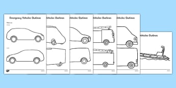 Emergency Vehicles Outlines - Paramedics, ambulance, police, police car, postal worker, post van, fire fighter, fire engine, builder, builder