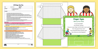 EYFS Add up the Goals Finger Gym Plan and Resource Pack  - finger football, football, goals, balls, ping pong balls, tray addition, add up, one more, 