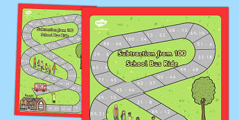 Subtraction From 100 Bus Board Game - subtraction, 100, bus, board game, subtract