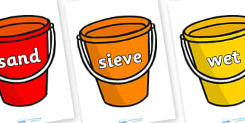 Sand Area Display Words on Buckets - Sand area, sand play, word buckets, bucket, sand area words, sand bucket display, sand, sand display, sieve, build, mould, pat, play