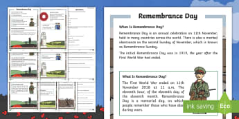 KS1 Remembrance Day Differentiated Reading Comprehension Activity - 11th November, Poppy, Armistice Day, World War One, Remembrance Sunday