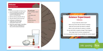EYFS Volcano Science Experiment and Prompt Card Pack - Dinosaurs, volcano, eruption, bicarbonate of soda, baking powder, vinegar, experiment, investigation