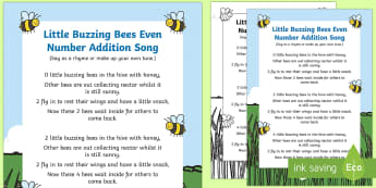 Little Buzzing Bees Even Number Addition Rhyme - singing, song time, maths, mathematics, add, 2, addition, adding, plus, counting, bumble bee
