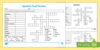 Spanish Food Fill In and Crossword Worksheet - worksheets, foods