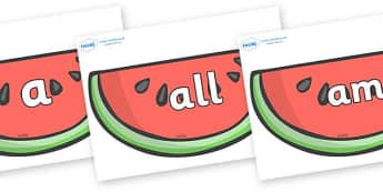 Foundation Stage 2 Keywords on Watermelons to Support Teaching on The Very Hungry Caterpillar - FS2, CLL, keywords, Communication language and literacy,  Display, Key words, high frequency words, foundation stage literacy, DfES Letters and Sounds, Le