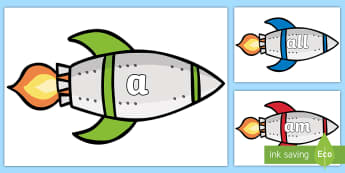 Foundation Stage 2 Keywords on Rockets - FS2, CLL, rocket, space, keywords, Communication language and literacy,  Display, Key words, high frequency words, foundation stage literacy, DfES Letters and Sounds, Letters and Sounds, spelling