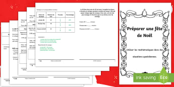 Livret de problèmes mathématiques : Organiser une fête de Noël - saison, boissons, situation réelle, nourriture, fractions, pourcentage, TVA,French