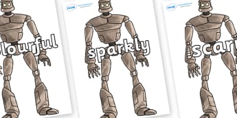 Wow Words on The Iron Man - Wow words, adjectives, VCOP, describing, Wow, display, poster, wow display, tasty, scary, ugly, beautiful, colourful sharp, bouncy