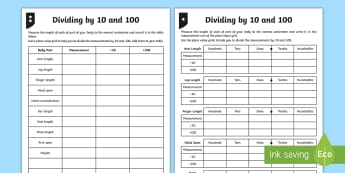 Dividing by 10 and 100 Differentiated Activity Sheets - dividing, dividing by 10, dividing by 100, place value, tenths, hundredths, ones, decimal, measure, 