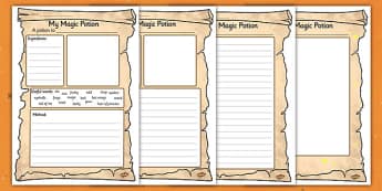 Magic Potion Writing Activity Sheet - Magic Potion Writing Worskheet, worksheet, magic potion, potion, sheet, activity, halloween, pumpkin, witch, bat, scary, black cat, mummy, grave stone, cauldron, broomstick, haunted house, potion, Hallowe'en