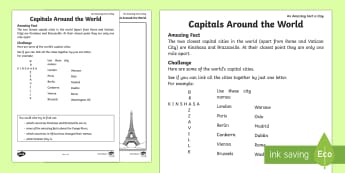 Capitals Around the World Activity Sheet - Amazing Fact Of The Day march, activity sheets, powerpoint, starter, morning activity, March, capita