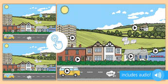 Houses and Homes Noisy Picture Hotspots - EYFS Houses and Homes, my environment, environmental sounds, sound, interactive, house, flats, river, Twinkl Go, twinkl go, TwinklGo, twinklgo