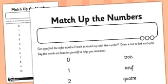 French Numbers 0-10 Matching Words and Digits Activity Sheet, worksheet