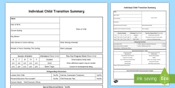 EYFS Individual Child Summary Transition Sheet - changing settings, transferring transition information, changing settings, starting school, sharing 