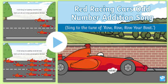 Red Racing Cars Odd Number Addition Song PowerPoint - singing, song time, maths, mathematics, add, 2, addition, adding, plus, counting, racecars