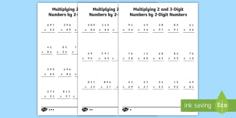 Multiplying 2- and 3-Digit Numbers By 2- Digit Numbers Differentiated Activity Sheets - CfE Numeracy and Mathematics, number, long multiplication, maths, differentiated, multiply by 2 digi