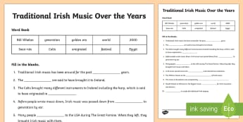 Traditional Irish Music Over the Years Cloze Activity Sheet - ROI - St. Patrick's Day Resources, Ireland, Irish, trad, music, traditional Irish music, culture, ,