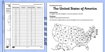 The United States of America Activity Sheet - USA, states, map, fact of the day, activity, worksheet