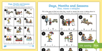 Days Months and Seasons Missing Letters Activity Sheet - English/Portuguese - leters, lettes, seaons, activity sheet, eal, worksheet